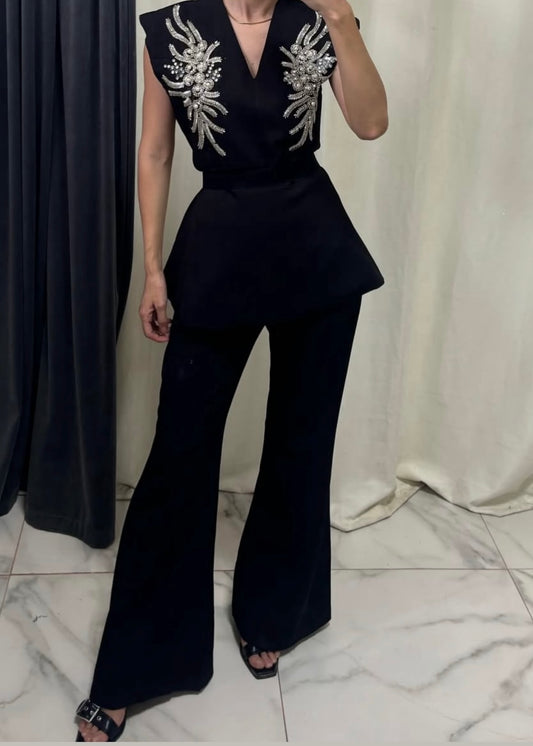 2 Pc Set - Stone Embroidered Peplum Top with Pant and Belt.