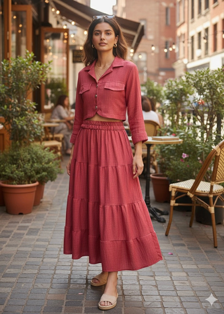 2Pc Set - Crop Shirt and Layered Long Skirt