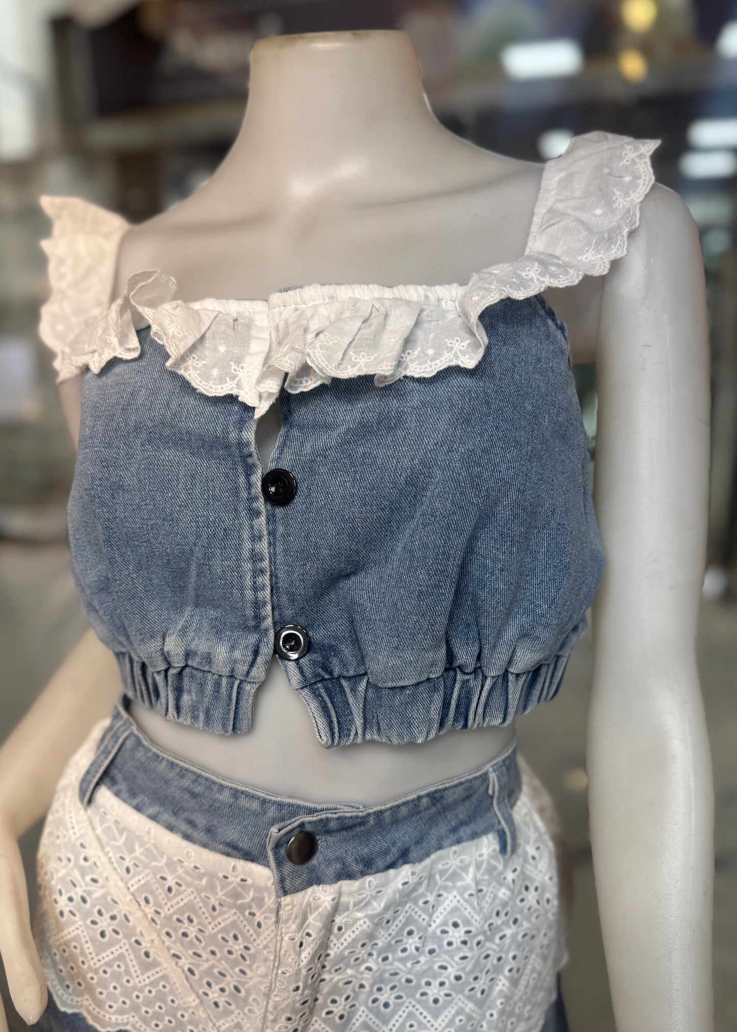 2 Pc Set - Denim Top and Pant with Lace Detailing