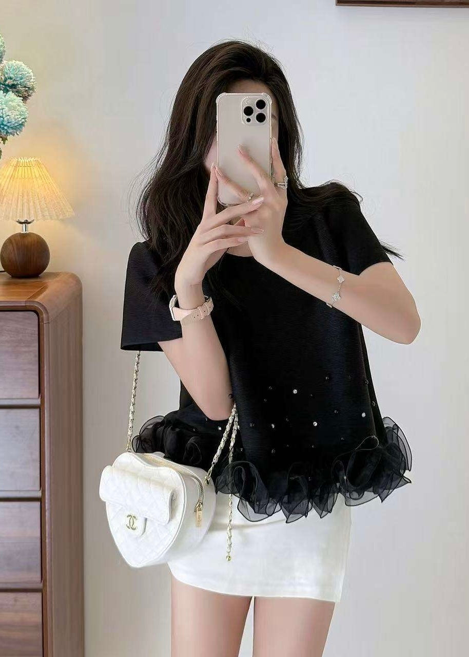 Pearl Embellished Top with Ruffle Hem