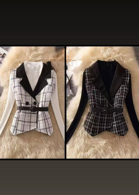 2Pc Set - High Neck Top with Tweed Blazer Style Top