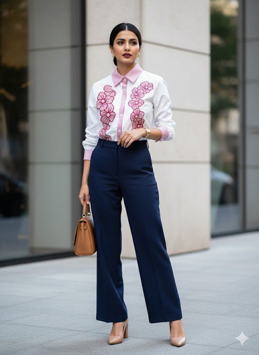 White Shirt With Stripes, Floral Embroidery & Pearl Work