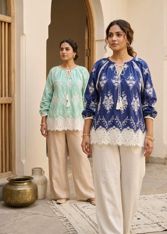 Embroidered Cotton Top with Tassel Tie Neckline