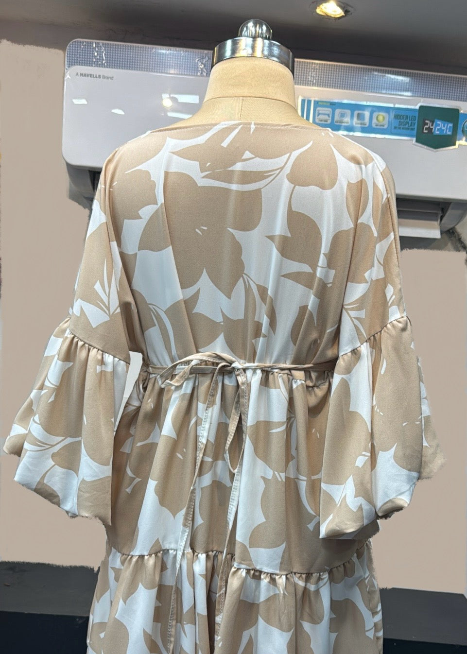 Cute Printed Fit & Flare Dress (Beige)