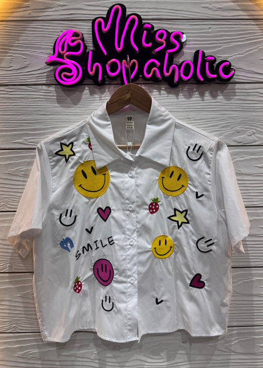 Smiley Patchwork Crop Shirt