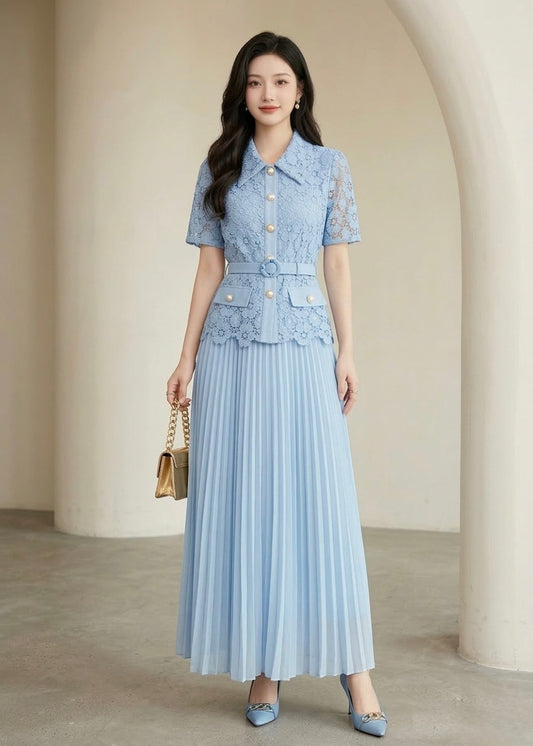 3pc Set - Schiffli Top, Pleated Skirt and Belt