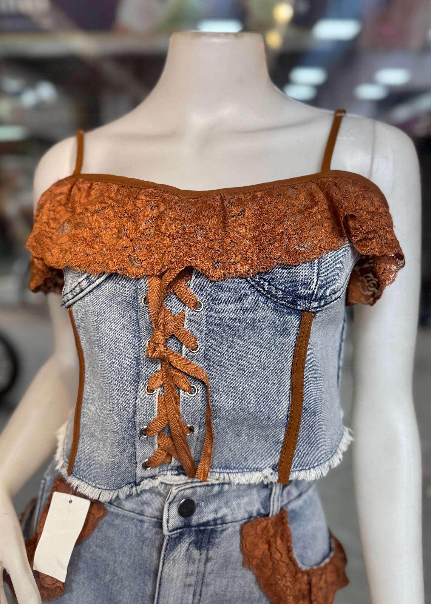 2 Pc Set - Denim Top and Skirt with Lace Detailing