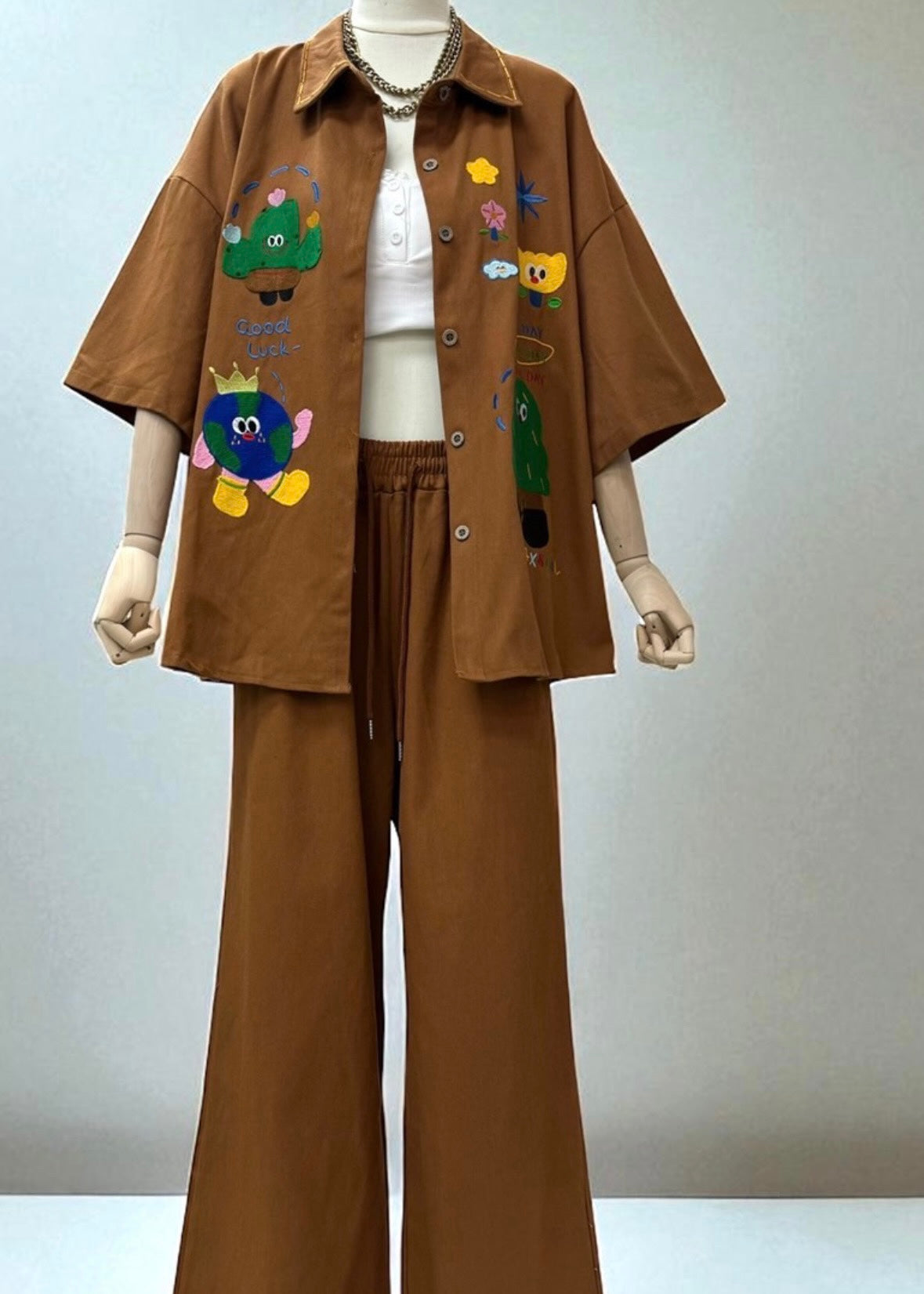 2 Pc Set - Cartoon Patch Work Denim Shirt & Pant set.
