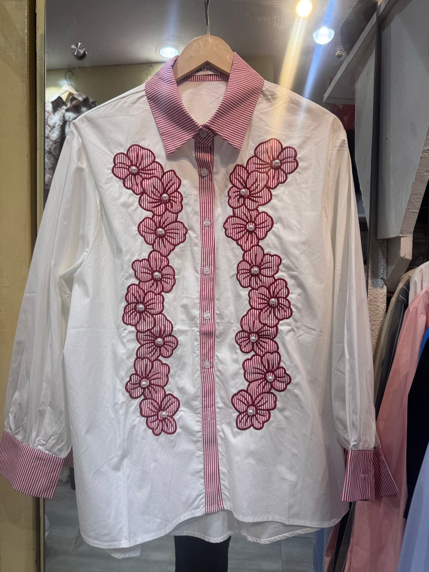 White Shirt With Stripes, Floral Embroidery & Pearl Work