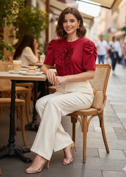 Fancy 3D Flower Top with Puffy Sleeves