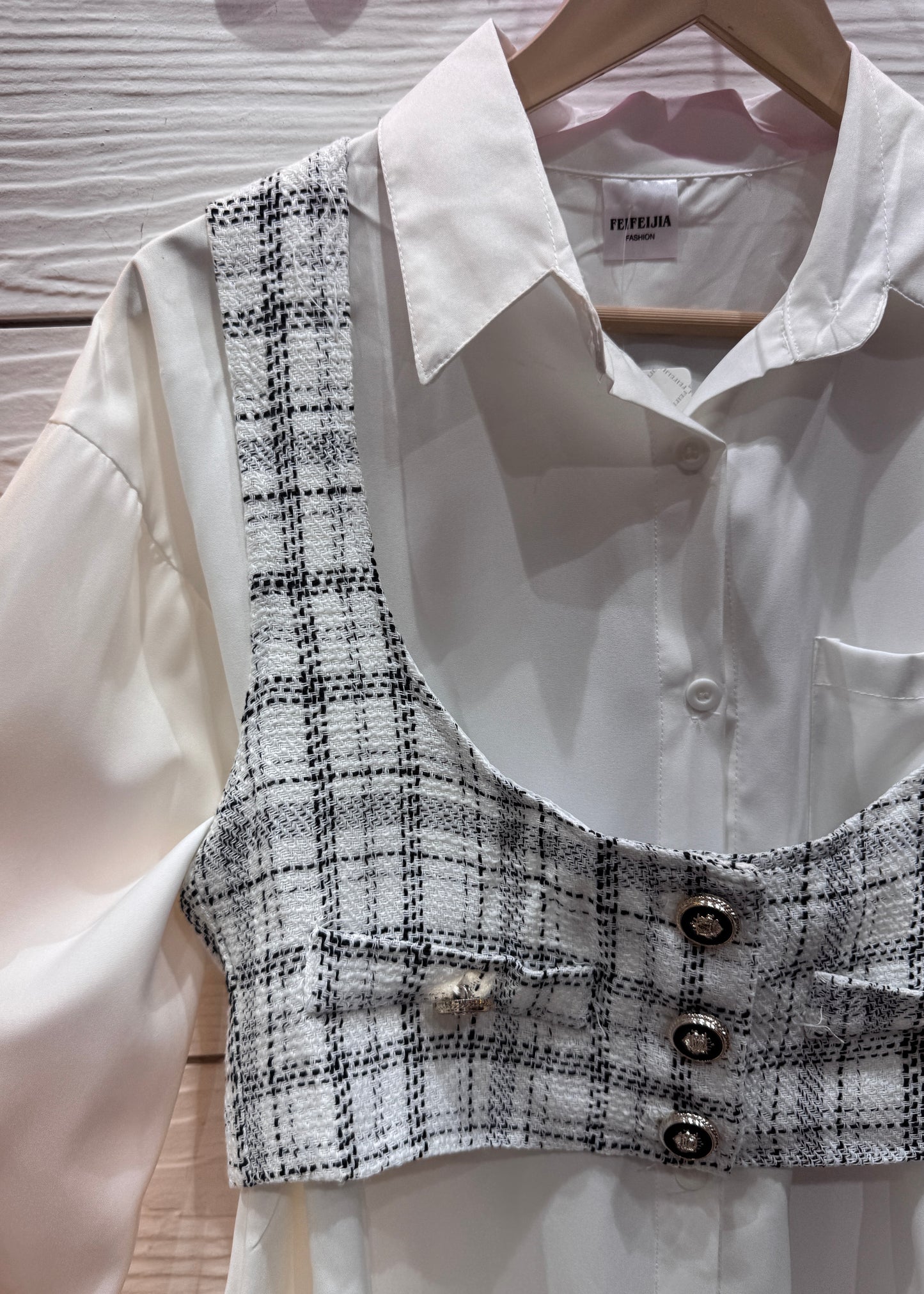 Long White Shirt with Crop Tweed Waist Coat