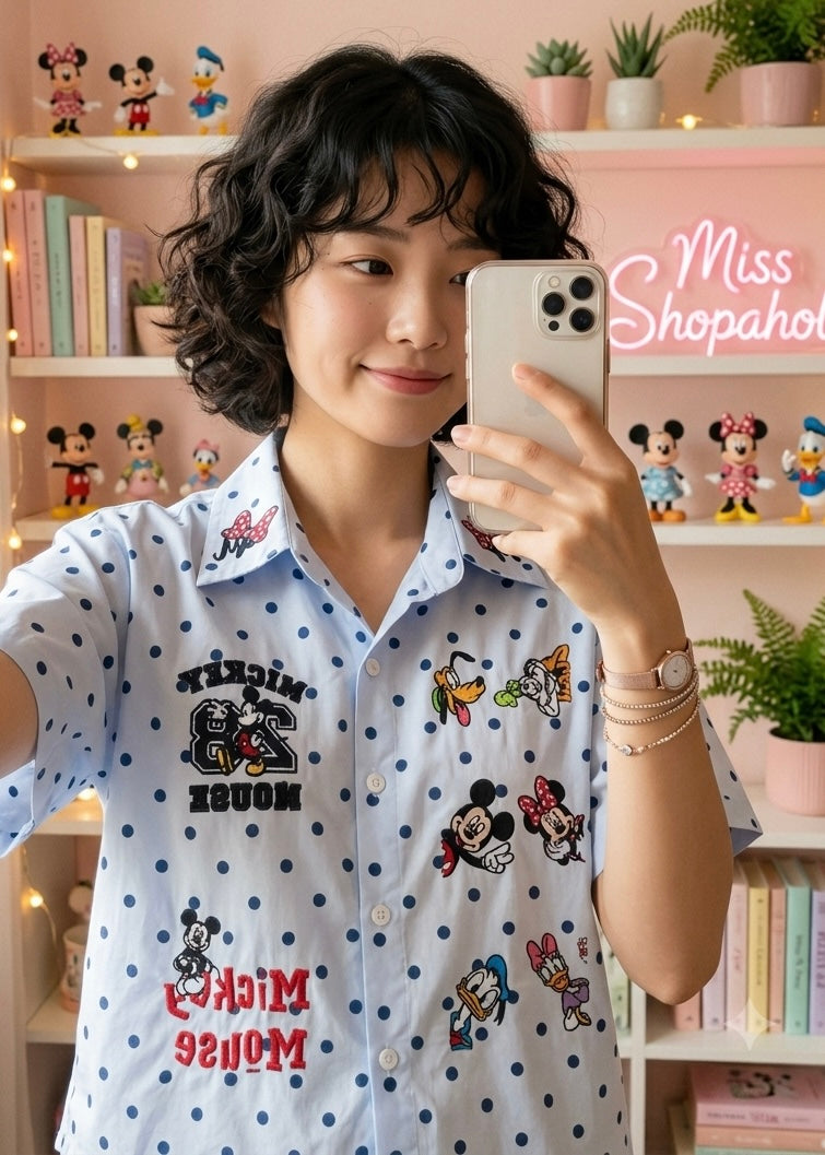 Powder Blue Polka Dot Short Shirt with Cartoon work