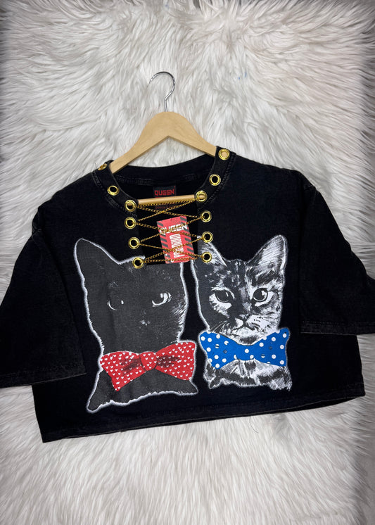 Two Cats Printed Oversized Crop T-shirt.