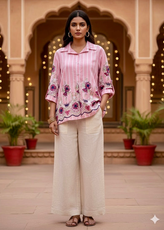 Striped Shirt with Floral Embroidery