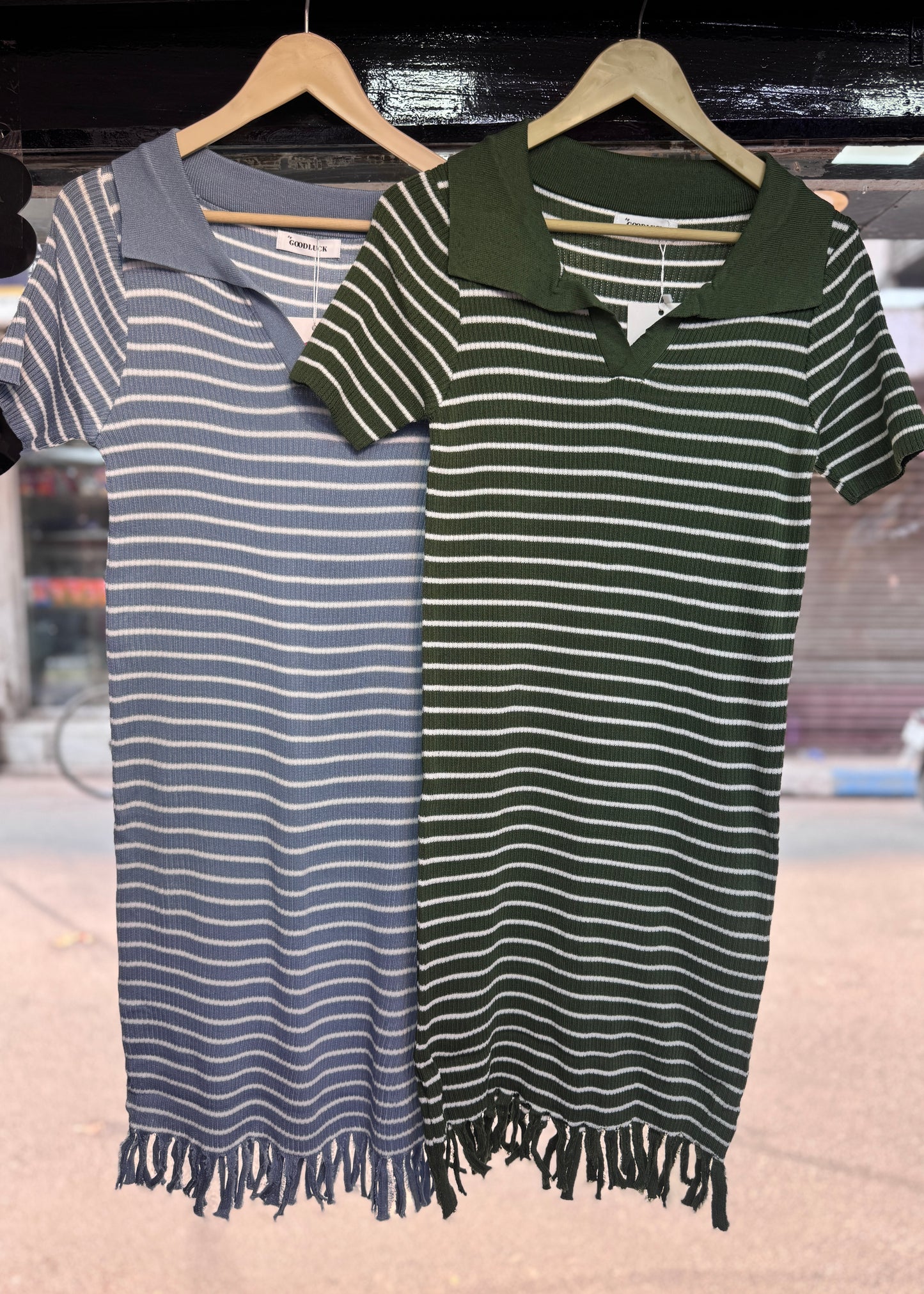 Striped Knitted Dress with Fringes on Hemline