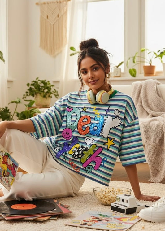 Striped Printed Oversized Crop T-shirt