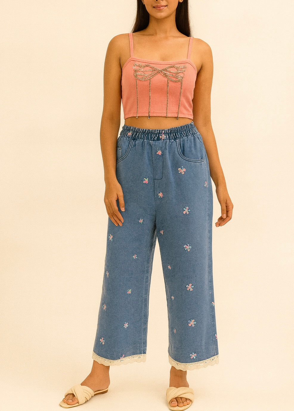 Colourful Floral Embroidered Denim Wide Legged Pant