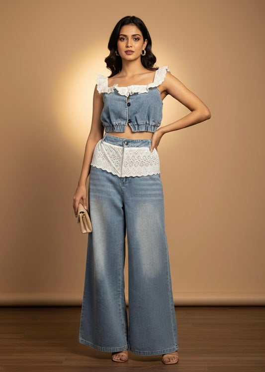 2 Pc Set - Denim Top and Pant with Lace Detailing