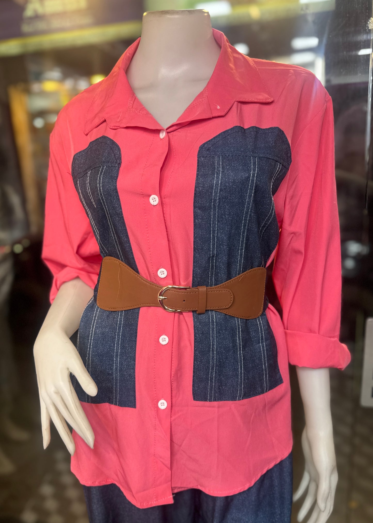 3 Pc Set - Demin Print Shirt, Pant & Belt.