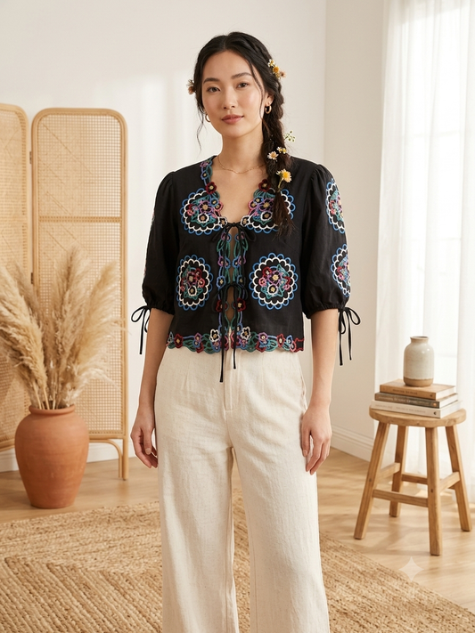 Boho Style Embroidered Front tie Top