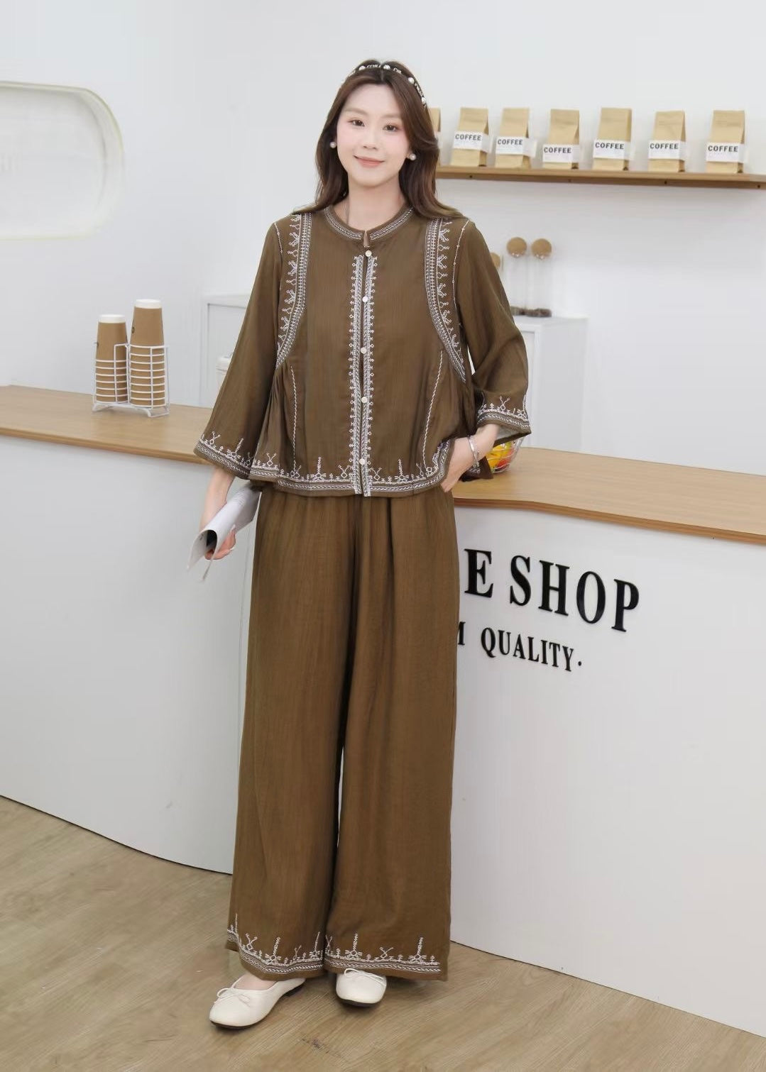 2 Pc Oversized Embroidered Shirt & Plain Pant Set