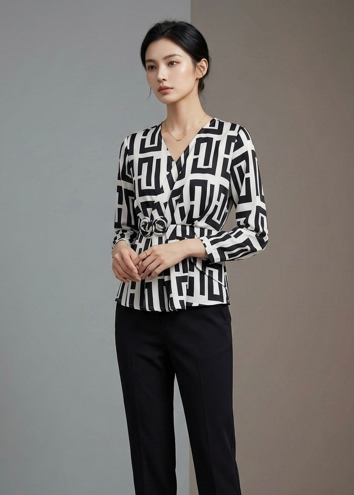 Black n White Printed Top with Rose Detailing