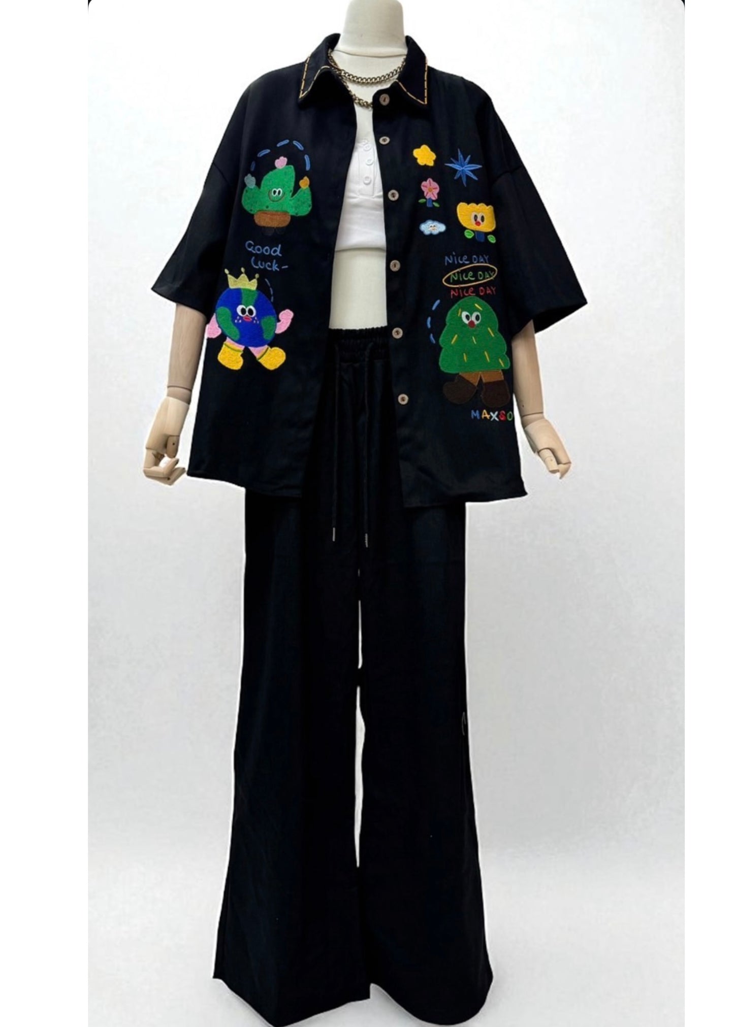 2 Pc Set - Cartoon Patch Work Denim Shirt & Pant set.