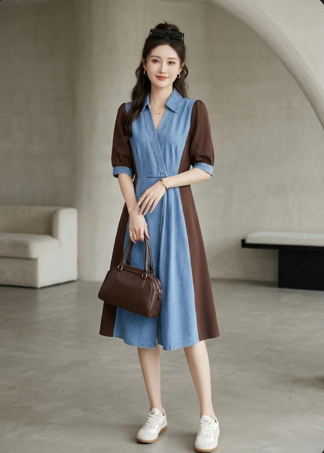 Half Denim Half T-shirt Fabric Collared Dress