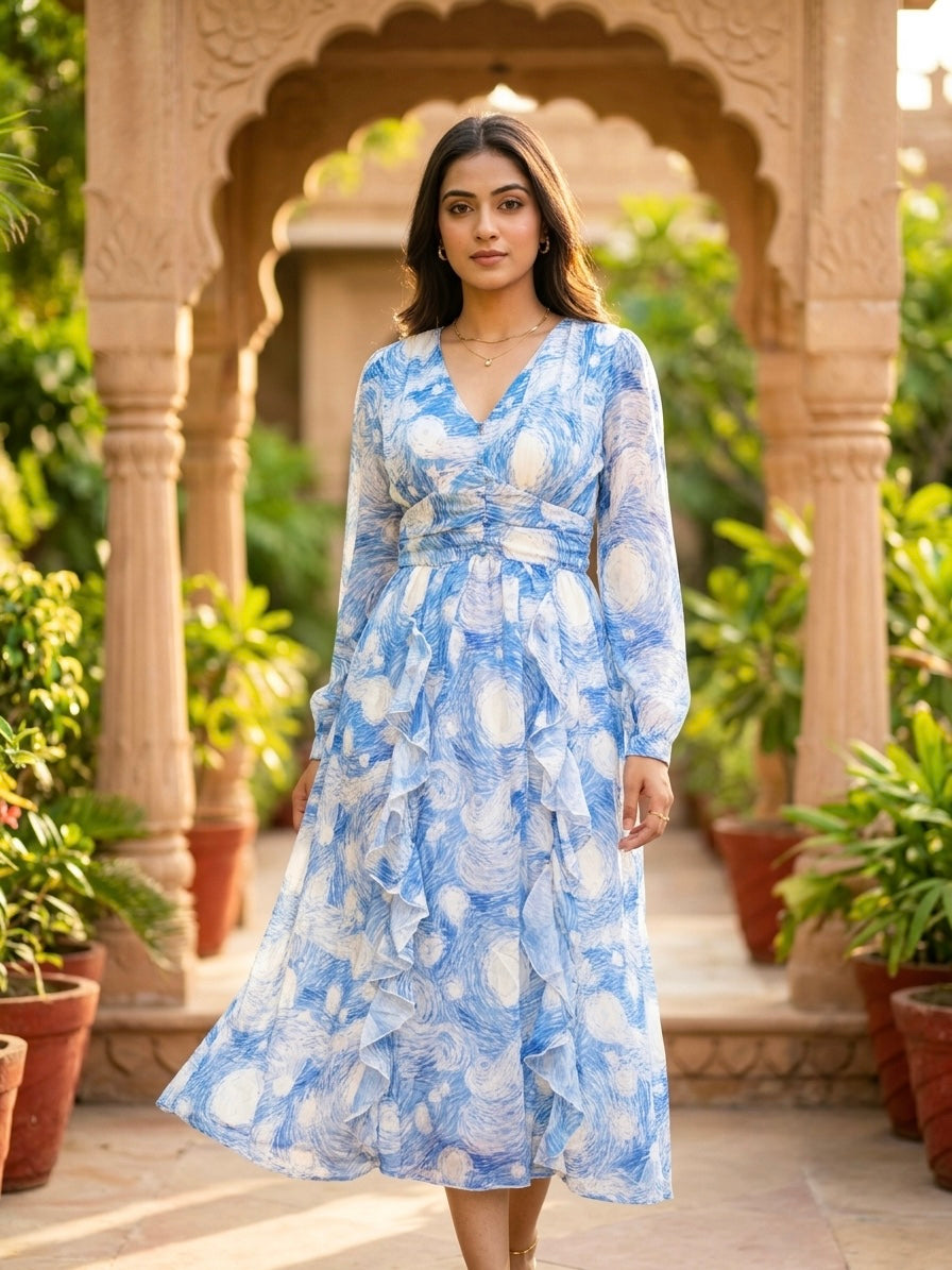 Long Printed Dress with Front Frills