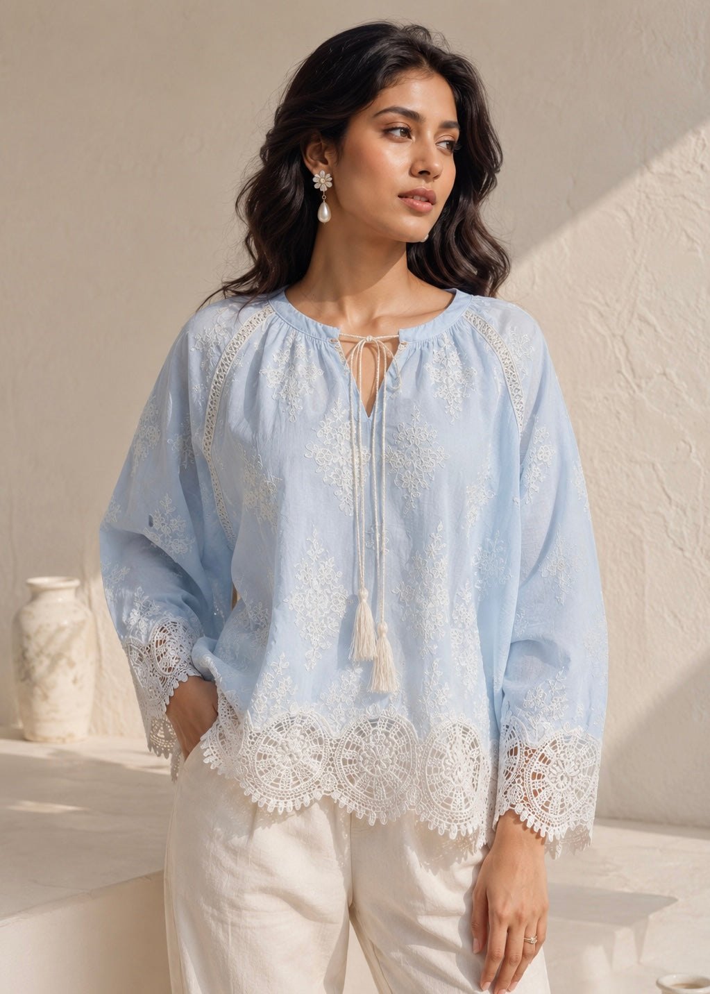 Embroidered Cotton Top with Tassel Tie Neckline
