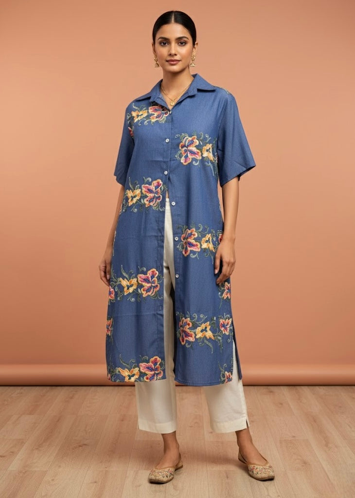 Floral Embroidered Denim Shirt Dress