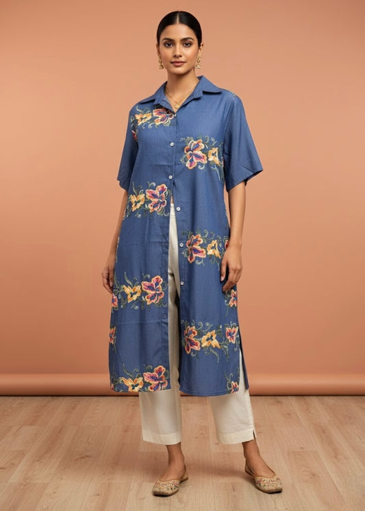 Floral Embroidered Denim Shirt Dress