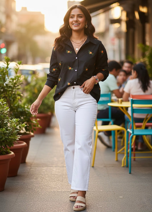 Plain Black Shirt with Small Floral Embroidery