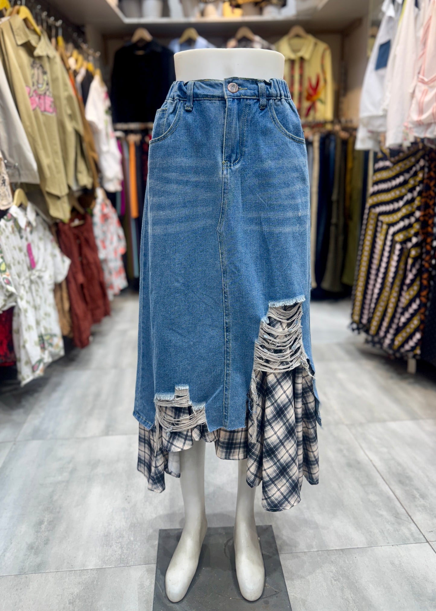 Denim Skirt with checkered Frills