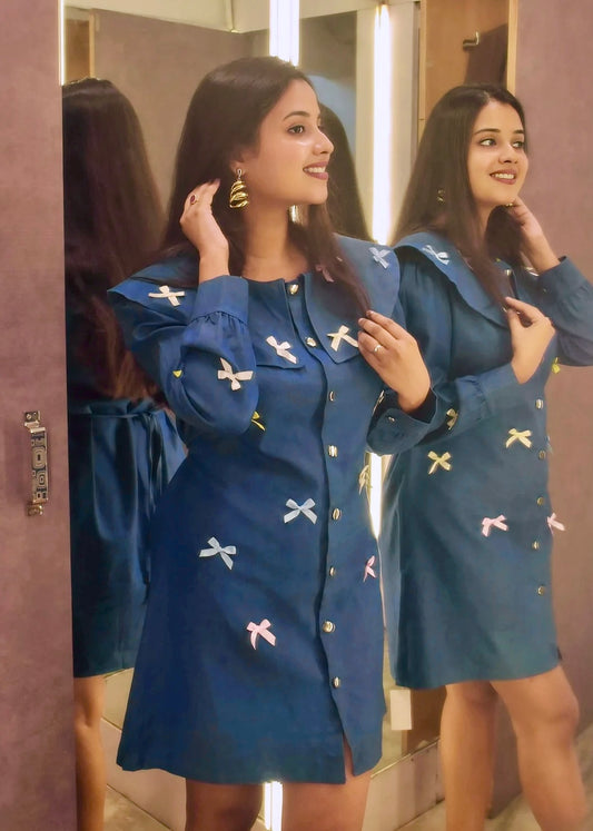 Cute Bow Denim Shirt Dress