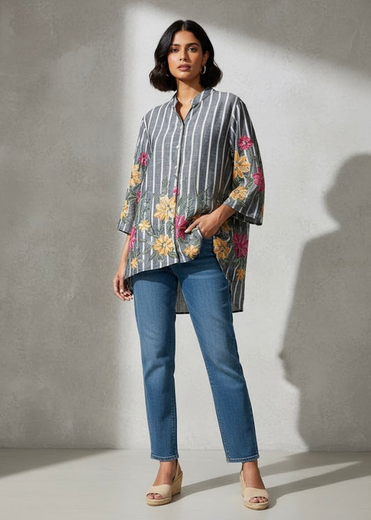 Striped Shirt with Floral Embroidery