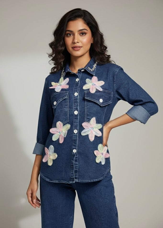 2 Pc Set - Embrllished Denim Shirt with Pant
