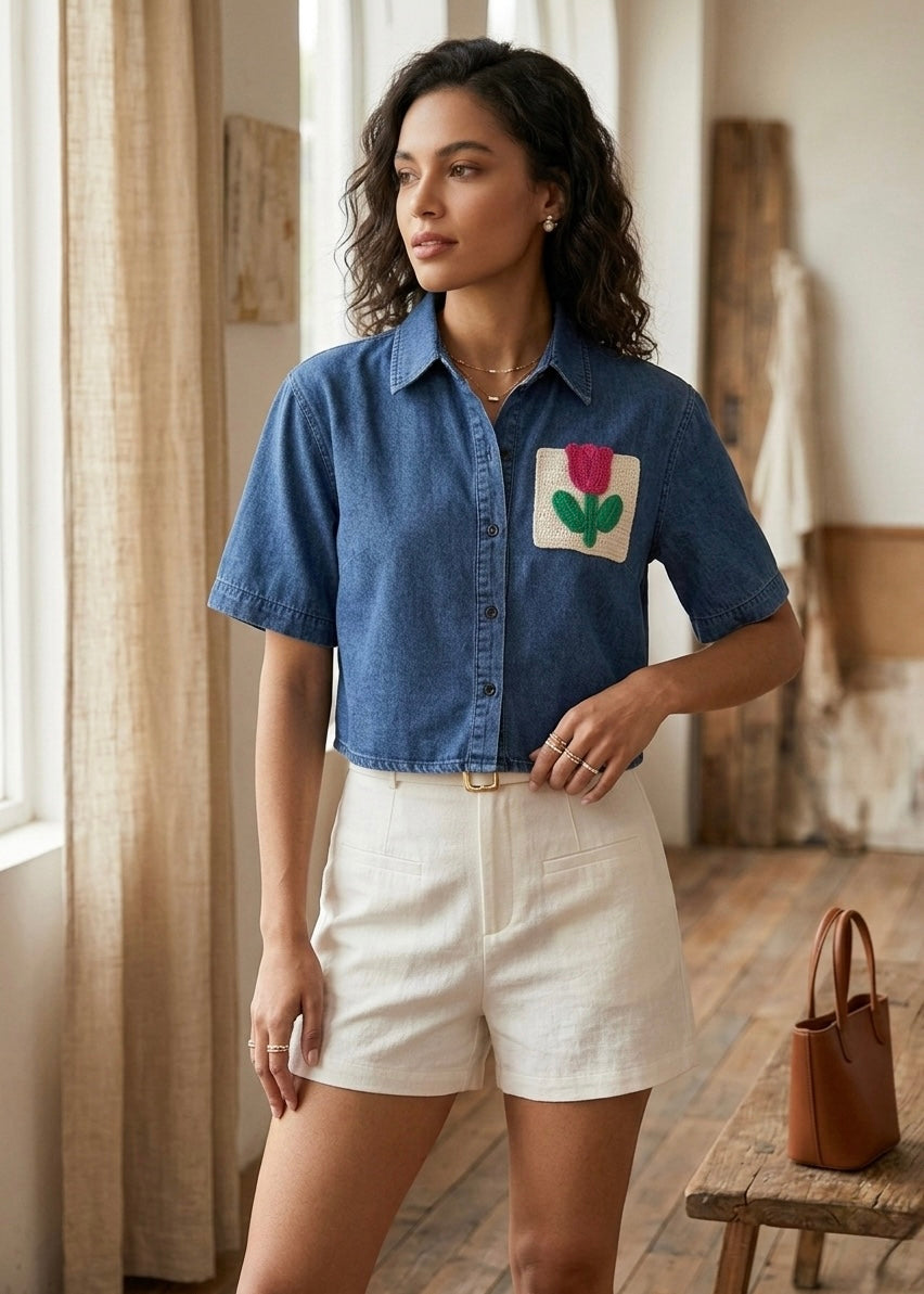 Light Denim Shirt with Embroidered Pocket
