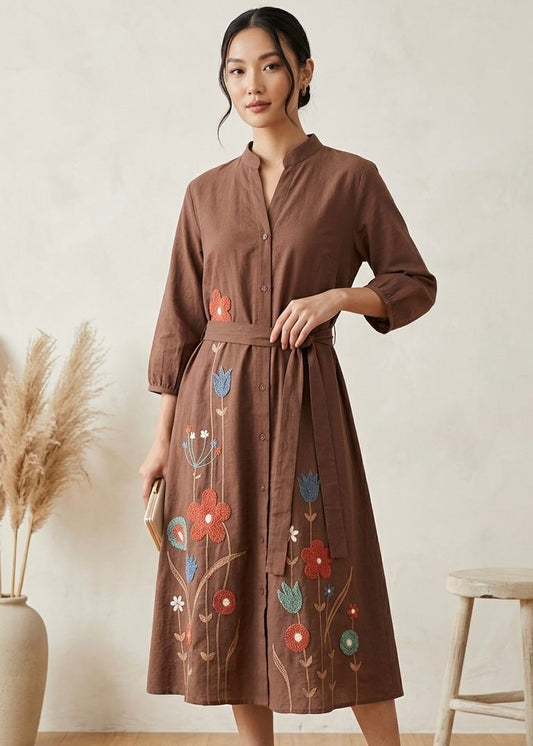 Embroidered Cotton Linen Shirt Dress with Belt