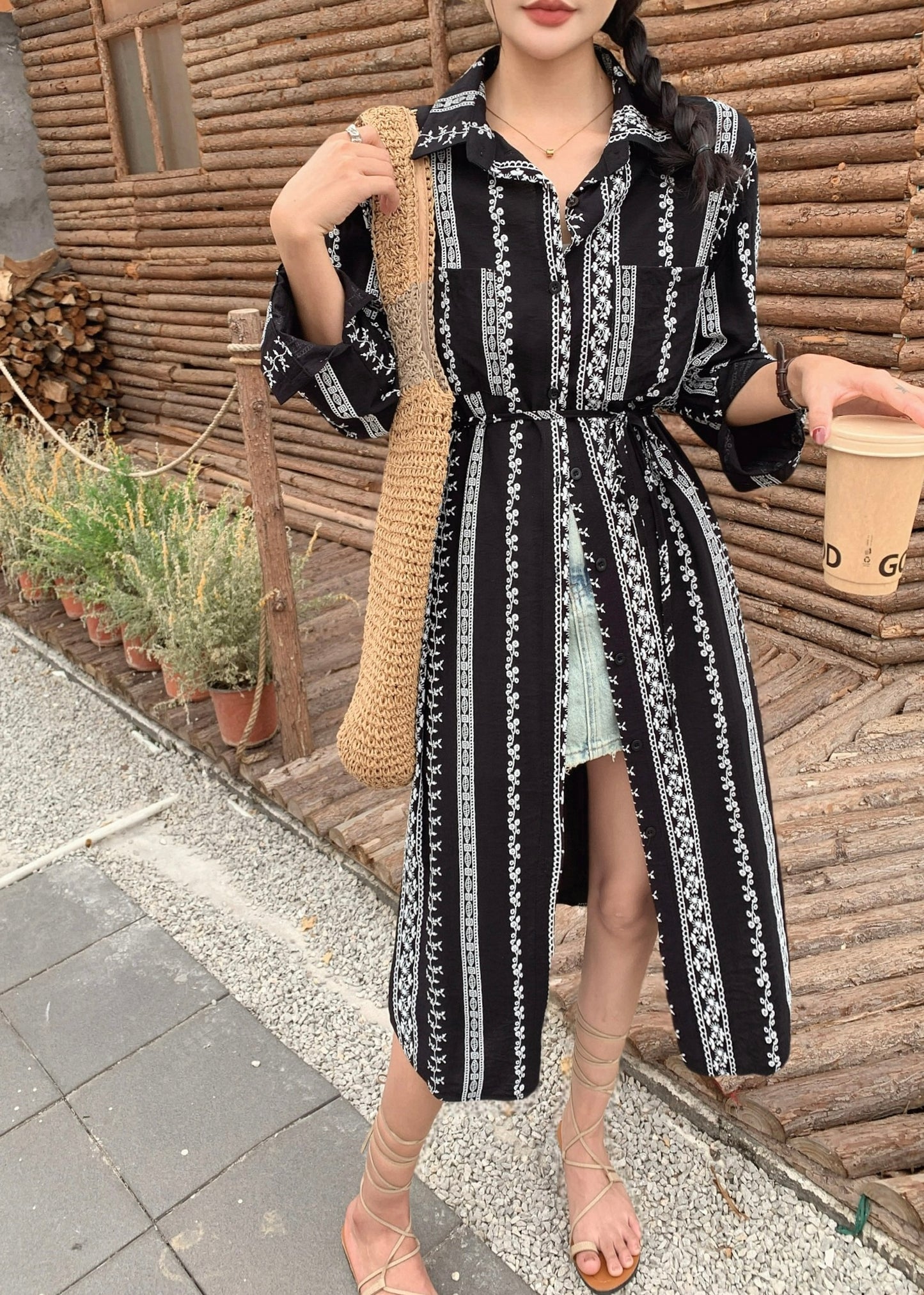 Long Embroidered Shirt Dress with Belt