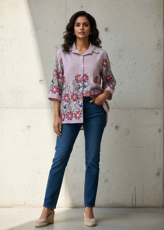 Striped Shirt with Floral Embroidery