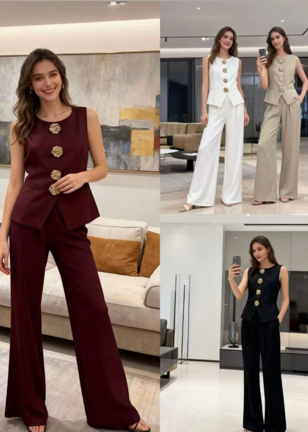 2 Pc Set - Rose Buttoned Waist Coat with Trouser Pant