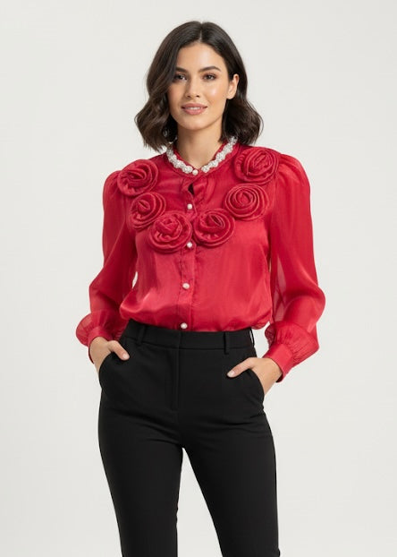 Partywear Shirt with 3D Flowers and Pearl Work