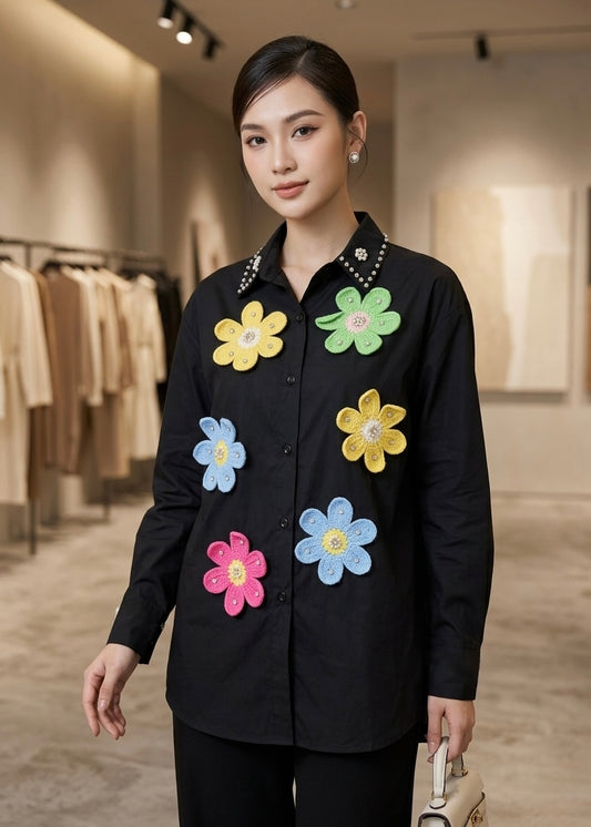 Black Cotton Shirt with Crochet Flower Patches