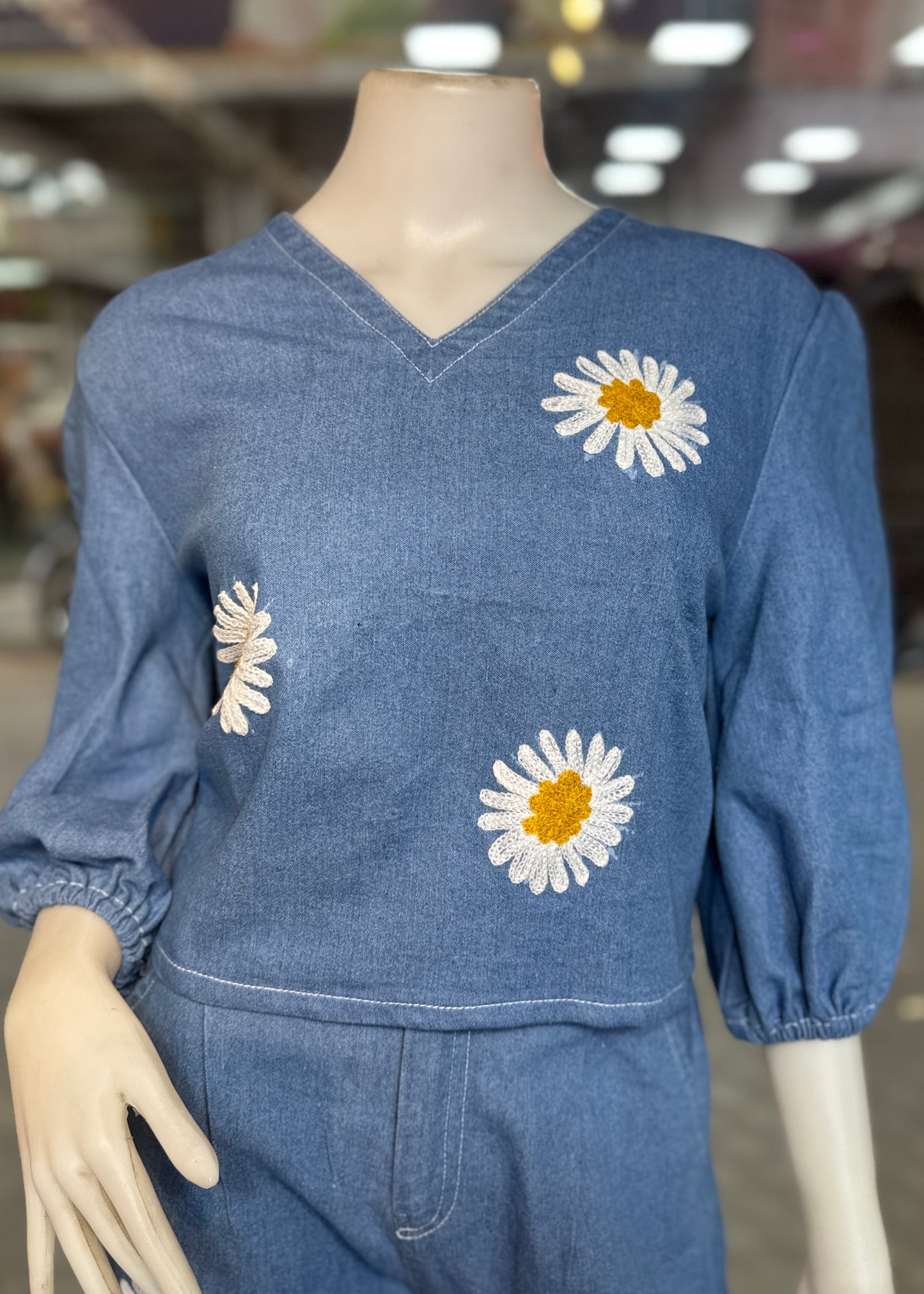 2 Pc Set - Light Denim Top & Pant with Crochet Flower Work