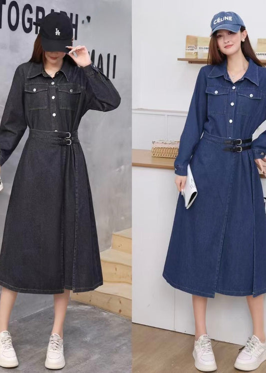 Long Denim Shirt Dress with Belt