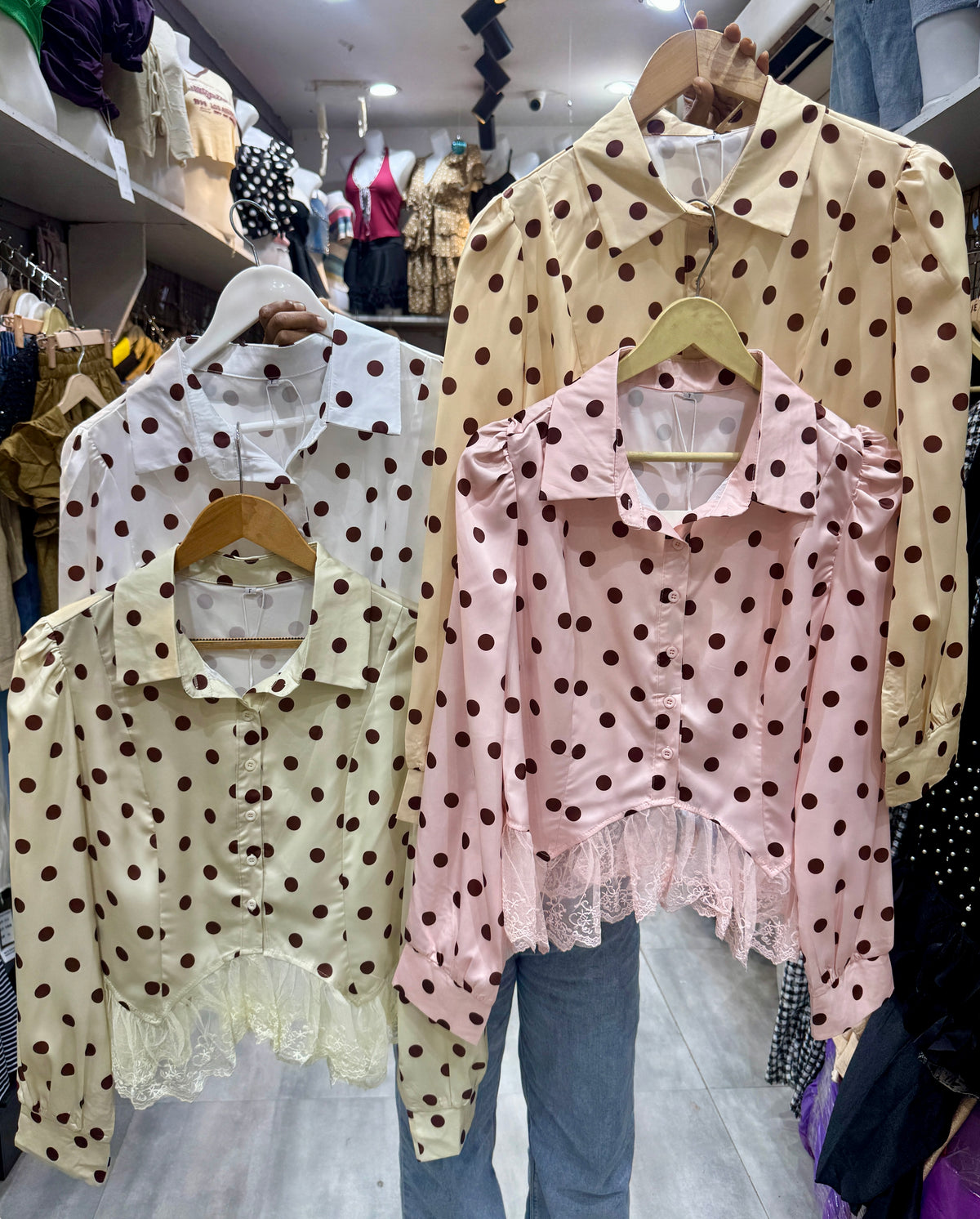 Satin Polka Dot Shirt with Mesh Hemline