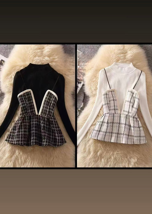 2Pc Set - High Neck Top with Tweed Peplum Top