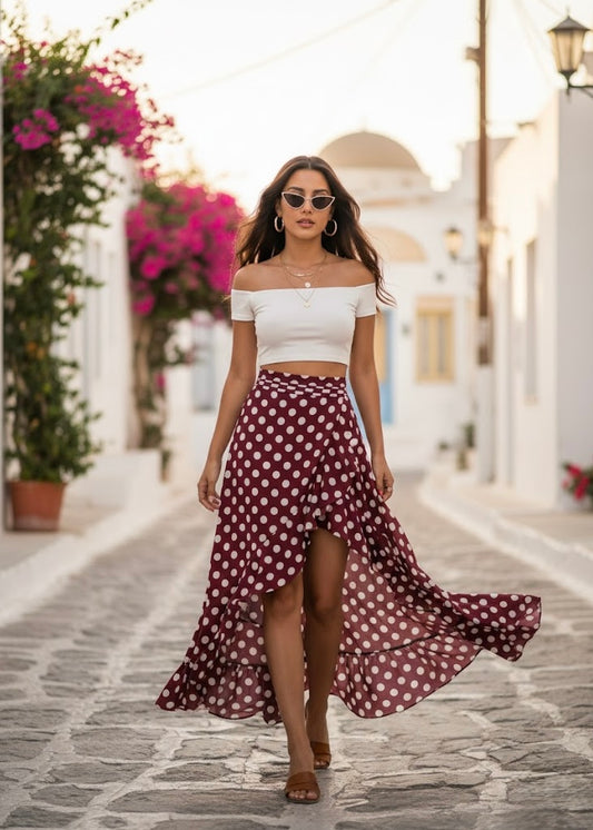 Polka Dot Side Slit Flowy Skirt