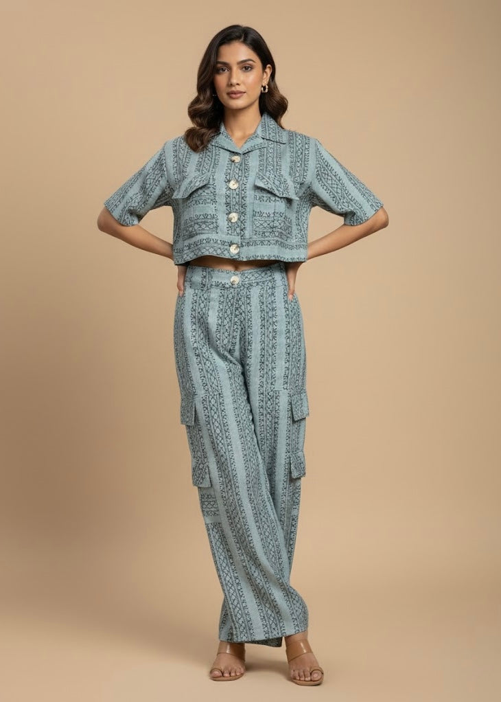 2 Pc Set - Print Crop Shirt with Matching Pant